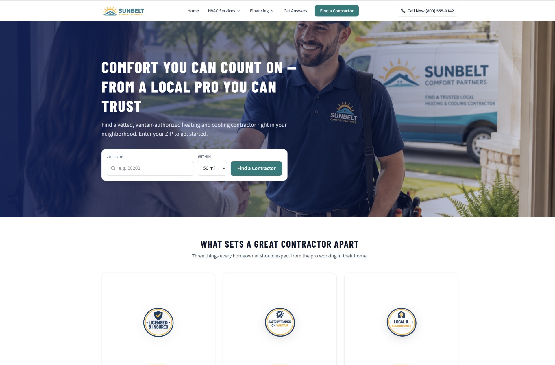 Sunbelt Comfort Partners consumer-facing dealer locator site with ZIP code search for finding a vetted local HVAC contractor.