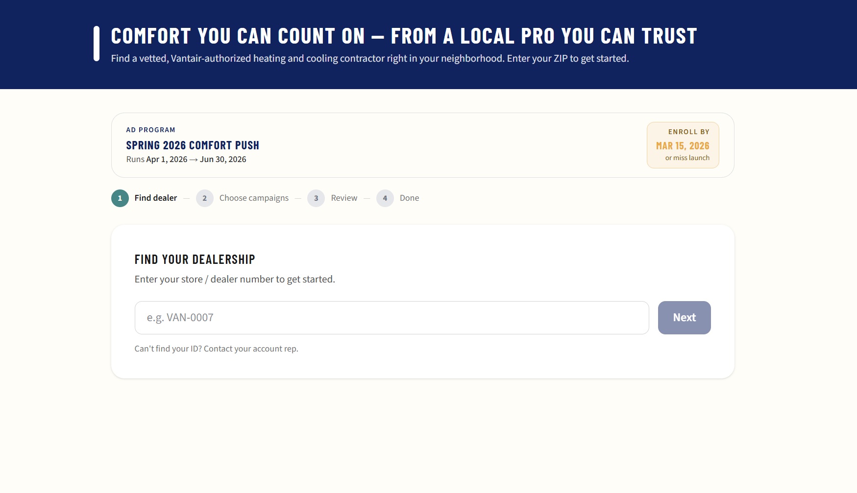 MyTriadex branded sign-up portal for the Spring 2026 Comfort Push ad program, showing a dealership enrollment step.