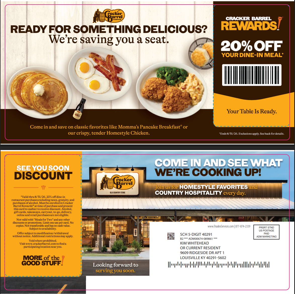 Triadex Cracker Barrel dine-in offer mailer