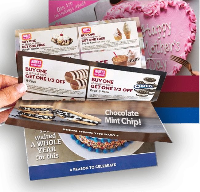 Mary's Ice Cream Direct Mail: Mother's Day coupons, sundaes, 6-packs, chocolate mint chip.